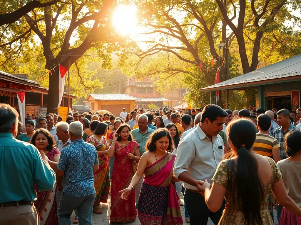 A dynamic image of a community event with diverse participants enjoying cultural performances, food stalls, and interactive exhibits in a public park.