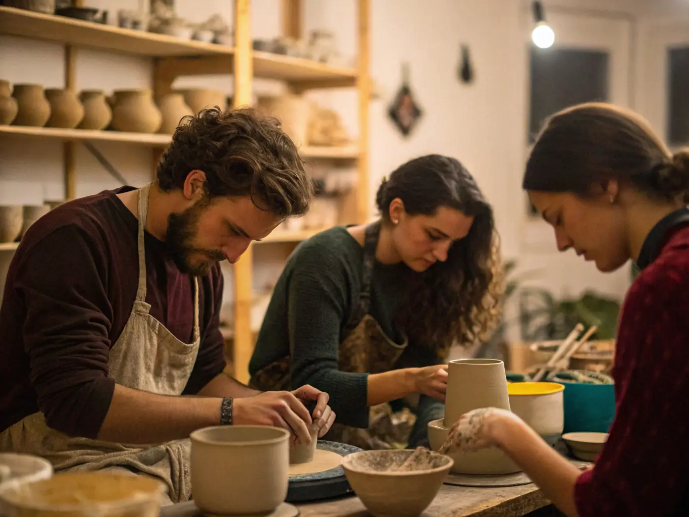 A photograph showcasing adults participating in a hands-on art workshop, creating pottery with guidance from an instructor in a well-lit studio.