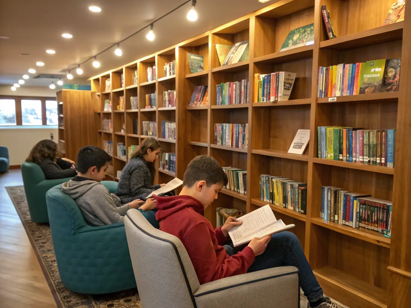 A photograph of a group of children and adults reading books together in a library setting, symbolizing CBPT's commitment to literacy and education.