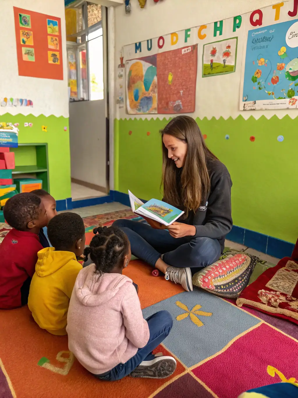 A photograph of CBPT volunteers assisting with a literacy program, highlighting the organization's commitment to educational support and community service.