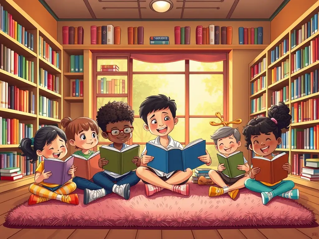 A vibrant image depicting children participating in an interactive storytelling session at a local library, surrounded by colorful books and engaging props.